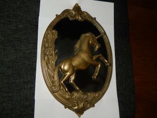 Vintage Ornate Brass Oval Unicorn Mirror Wall Hanging