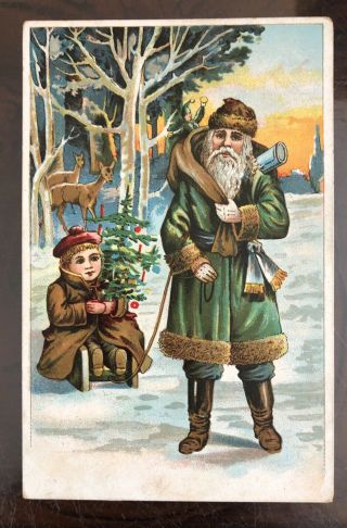 True Vintage Old World Santa Postcard Green Coat Boy On Sled Lil Tree Deer 1908