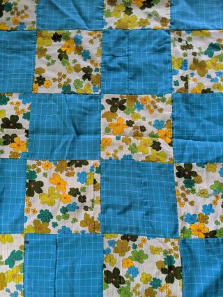 Vintage 1960s 1970s Blue Yellow Novelty Print Floral Patchwork Quilt Top Throw