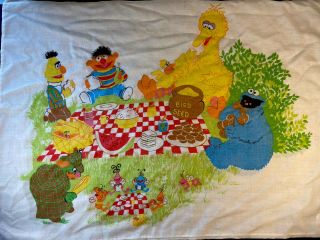 Vintage Sesame Street Pillow Case Picnic Big Bird Cookie Monster Craft Fabric