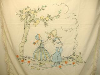 Vintage Bed Spread,  Toddler,  Embroidered,  Sharing Fruit,  Hand Made,  45 X 64 In.