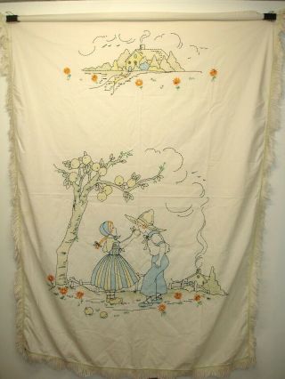 Vintage Bed Spread,  Toddler,  Embroidered,  Sharing Fruit,  Hand Made,  45 X 64 in. 2