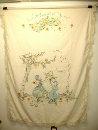 Vintage Bed Spread,  Toddler,  Embroidered,  Sharing Fruit,  Hand Made,  45 X 64 in. 3