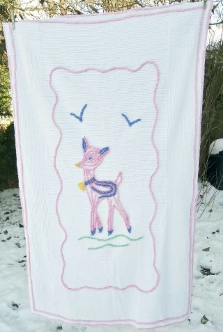 Charming Vintage Chenille Childrens/girls Bedspread With Deer Motif