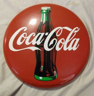 Vintage 1990 Coca - Cola Company Classic Red Metal Coke Button Sign 12 " Round Tin