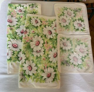 Vintage Springmaid White Green Pink Floral Towels - 2 Bath,  2 Washcloths Retro