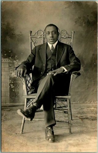 1920s Rppc Photo Postcard African - American Black Man In Suit / Studio Portrait