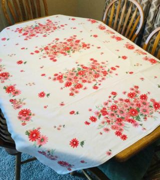 Vintage Cotton Tablecloth Pink And Red Floral 51” X 62”