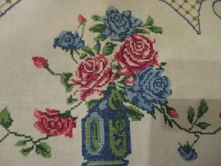 3 Vintage Hand Counted Cross Stitch Pink/blue Roses In Vase Linen Doilies
