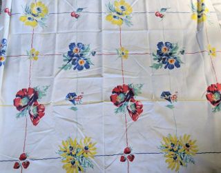 Vintage 1950s Floral Strawberry Cherry Fruit Wilendur Print Luncheon Tablecloth