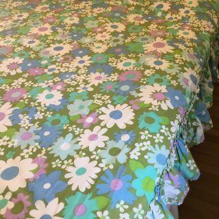 Vintage Fieldcrest Twin Bedspread Blue Green Floral Flower Power Bedding
