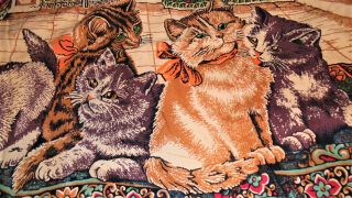 Vintage Red Velvet Kitty Cat Kitten Wall Hang Tapestry Rug 40 " X 20 "