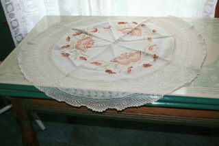 Vintage Embroidered Small Tablecloth With Crocheted Lace,  A Beauty