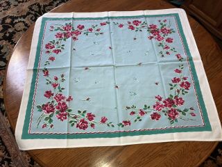Vintage 1950s Printed Cotton Tablecloth Blue W/ Red Roses Flowers 32x38