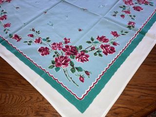 Vintage 1950s Printed Cotton Tablecloth Blue w/ Red Roses Flowers 32x38 2