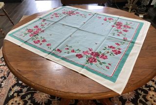 Vintage 1950s Printed Cotton Tablecloth Blue w/ Red Roses Flowers 32x38 3