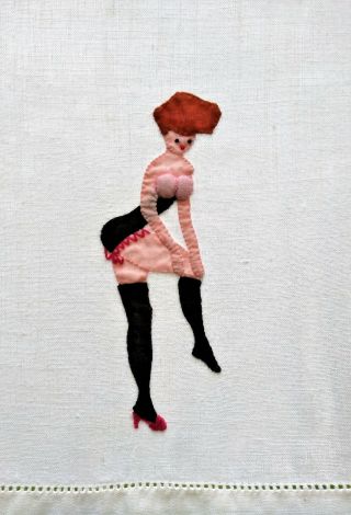 Fab Vintage Risque Lady Dressing With 3d Boobs Hand Embroidered Linen Finger Tip