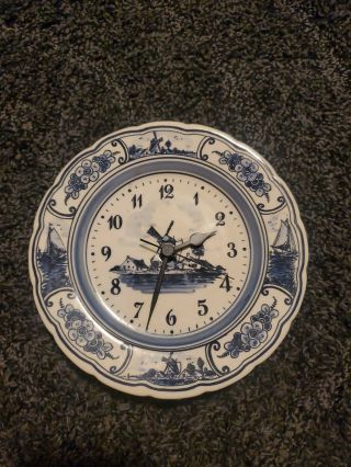 Vintage Delft Blue Made In Holland Windmill Landscape Wall Plate Clock