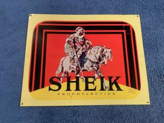 Vintage Sheik Prophylactics Condom Advertisement Tin Sign Safe Sex Embossed