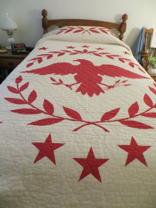 Vintage Twin Quilt,  Red And White With Eagle