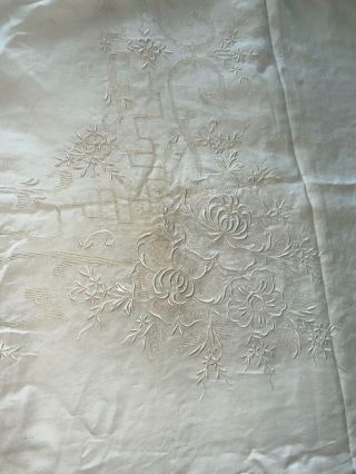 Vintage Madeira Tablecloth Drawn Work,  Hand Embroidery Ecru