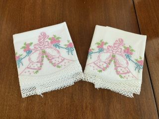 Fabulous Pr Vintage Hand Embr.  Crochet Edge Pillowcases - Pink Southern Belles