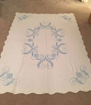 Vintage Cross Stitch In Blue Linen Tablecloth Bed Cover Colonial Cottage So Soft