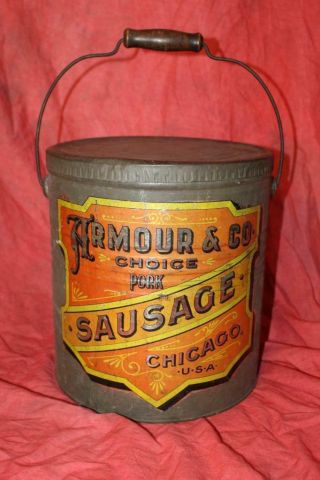 Scarce Large Antique Tin Bucket Armour & Co.  Pork Sausage Chicago,  Il Usa