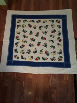 Vintage Startex Tablecloth Vivid Fruit Pattern Blue Border Cotton 52x52 Square
