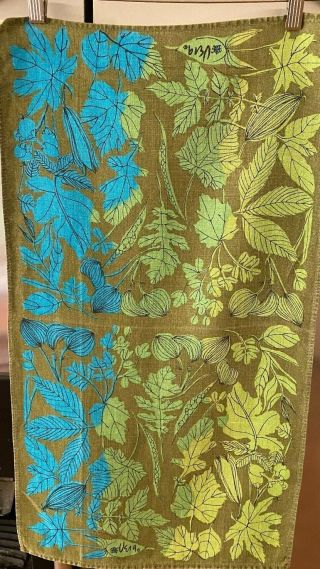Vera Neumann Vintage Linen Tea Towel Blue/turq - 2 Shades Of Green Leaves On Olive