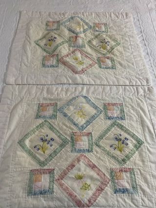 2 Vintage Hand Quilted Embroidered Flower Bouquet & Patchwork Quilt Shams 493