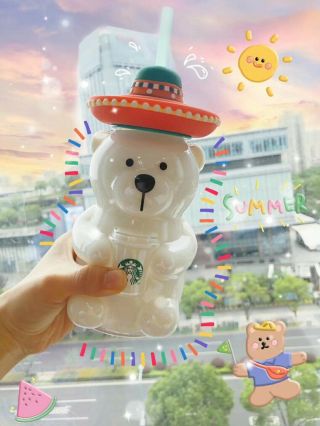 Starbucks 2020 China Latin America Hat Bear 17oz Glass Cold Cup Tumbler