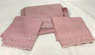 Vintage King Flat Sheet & Pillowcases Set 2 Pink Eyelet Rose Cotton Blend