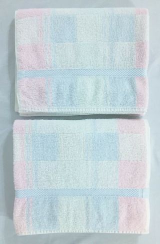 2 Vintage Fieldcrest Bath Towels Pastel Pink Blue White Plaid 100 Cotton