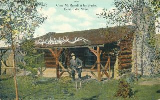 1910 Chas.  M.  Russell Artist At His Studio Great Falls,  Mt Hand Colored Postcard