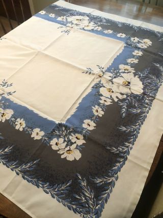 Vintage California Hand Prints Blue & Gray Floral Tablecloth 46” X 53”