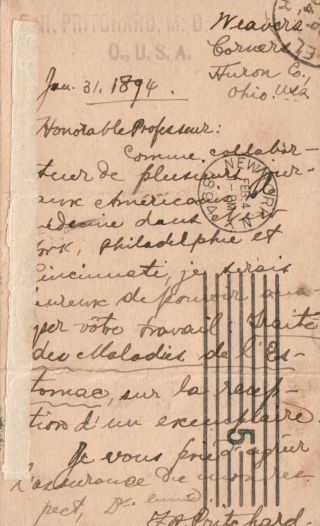 1894 US POSTAL CARD to Professor Leon Bouveret,  Lyons from Weavers Corners Ohio 2