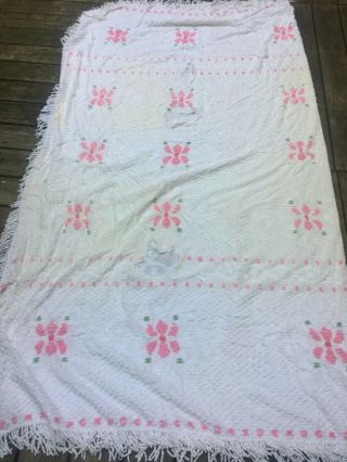 Vintage Pink And White Chenille Cutter Crafting Quilt Blanket 94 " X 92 "