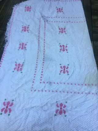Vintage Pink and White Chenille Cutter Crafting Quilt Blanket 94 