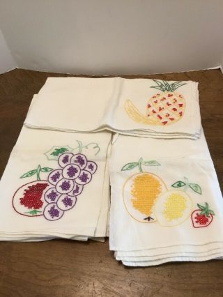 Set Of 3 Vintage White Hand Embroidered Dish Towels Fruit 26” X 29” Citrus Grape