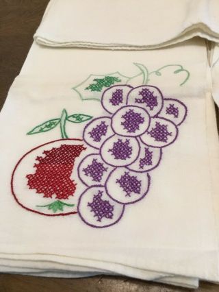 Set of 3 Vintage White Hand Embroidered Dish Towels Fruit 26” X 29” Citrus Grape 3