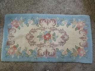 Vintage Shabby Cottage Wool Floral Hand Hooked Rug Size 25 " X 45 " Blue