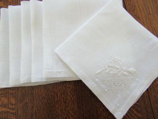 Vintage White Napkins Set Of 6 Embroidered Semi - Sheer Linen Luncheon Napkins