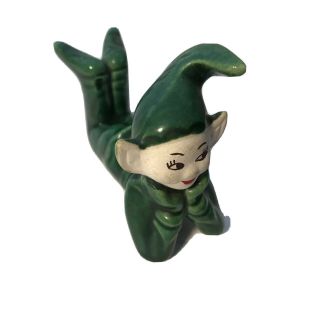 Vintage Treasure Craft Ceramic Green Pixie Elf Figurine Laying Down