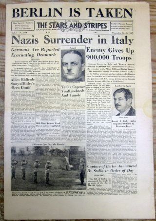 1945 Stars & Stripes Ww Ii Newspaper Allies Capture Berlin Germany & Hitler Dead