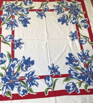 Vtg 50s Gorgeous Tablecloth 48 X 44 " Vivid Red Stripes & Blue Tulips