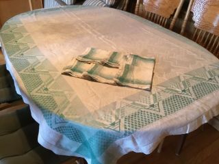 Vintage Art Deco Style Linen Tablecloth 1940s With 6 Matching Napkins,  66”x50”