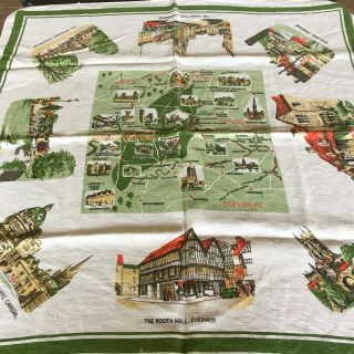Vintage 1960s 1970s England Map Linen Tablecloth 35 X 35 Warwick Gloucestershire
