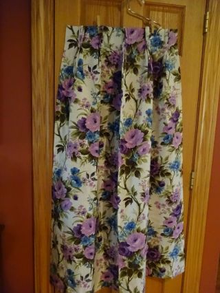 Vtg 2 Panel 60s Drapes Curtains Floral Green Purple Blue 51x21 In.  With 2 Val.