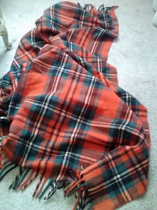 Vintage Ottawa Valley 100 Wool Red Green Checkered Fringed Blanket - Full